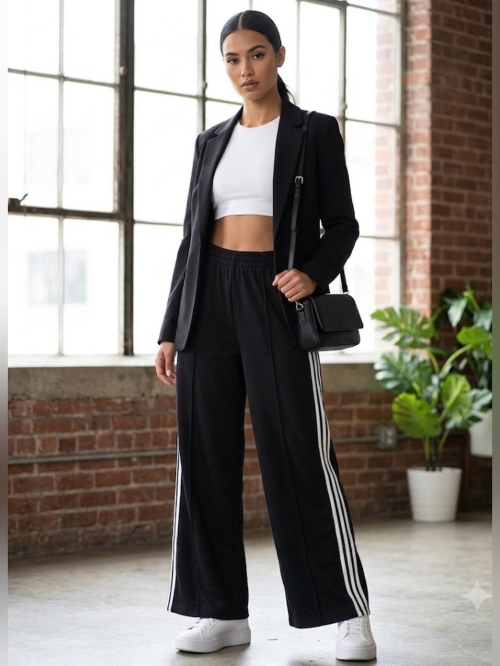 adidas Originals Women’s 3-Stripes Wide Leg French Terry Pants Black Large NWT